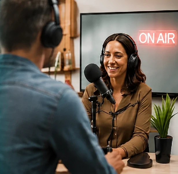 Radio presenters speaking in a studio beneath an On Air sign